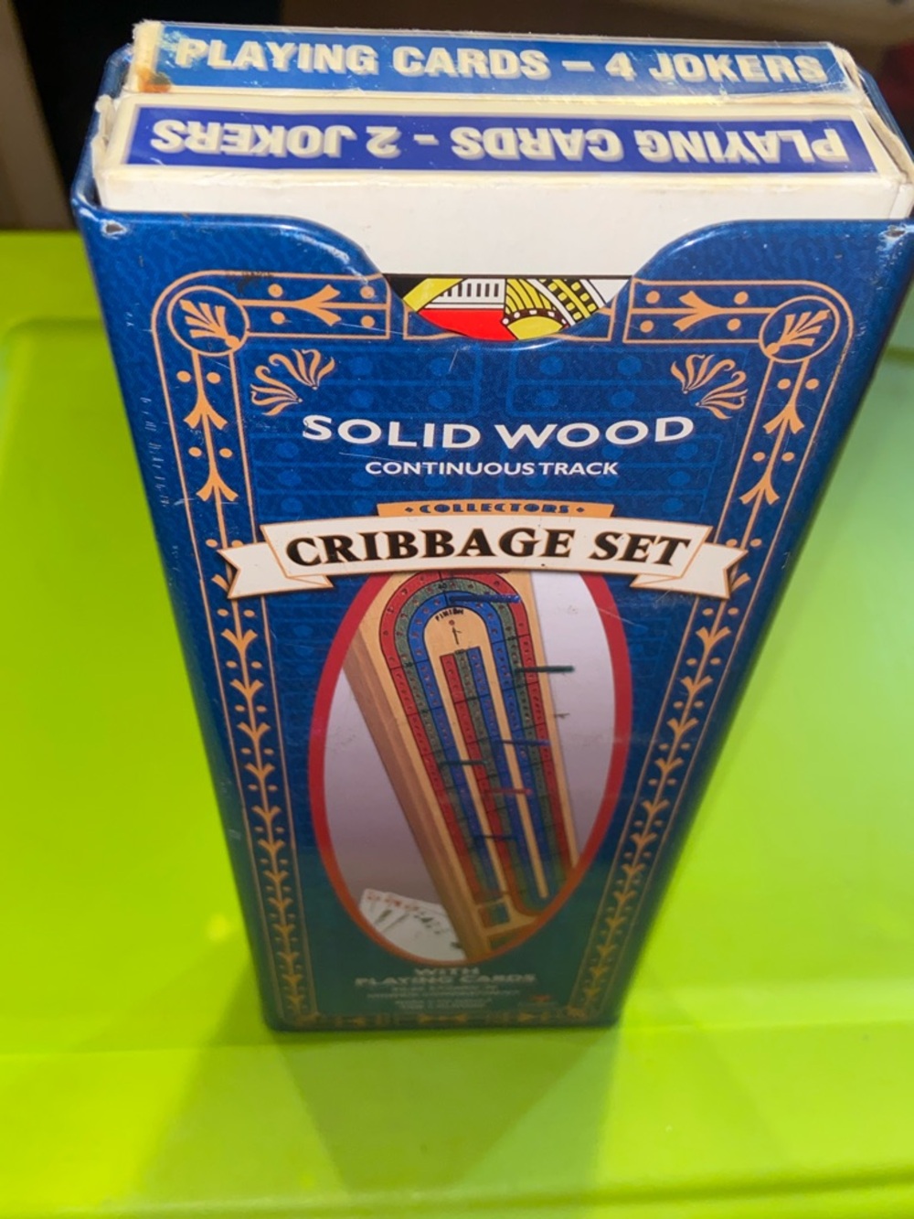 Collector's Cribbage Set with Playing Cards - Blue Box, Red/Green/Blue Pegs